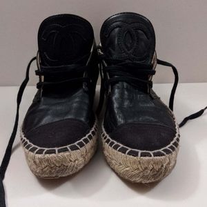 Chanel Black Lace Up Espadrille Shoes Size 35